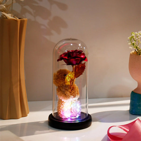 Pink Rose Teddy Bear LED Jar