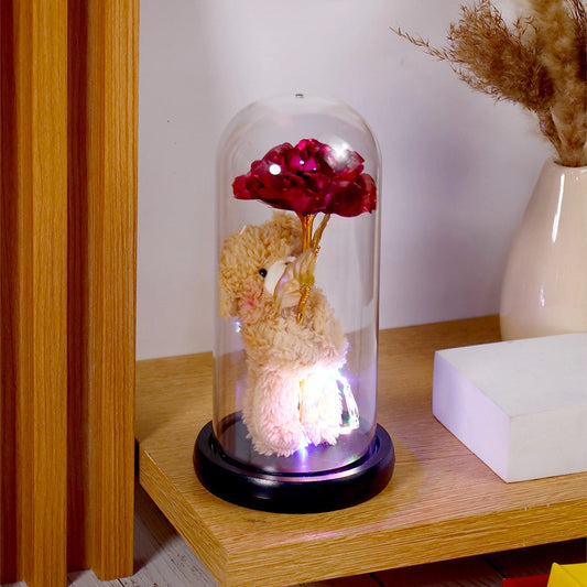 Teddy Bear Rose Glass Dome