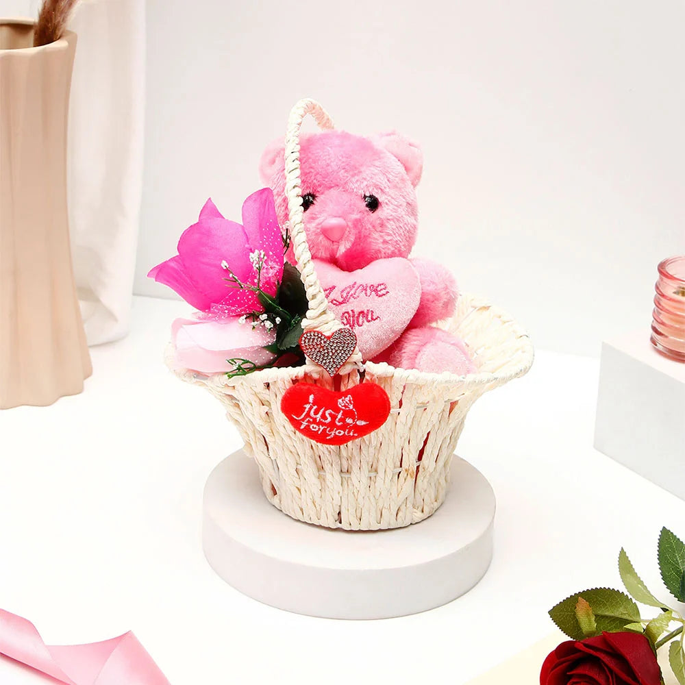 Romantic Pink Teddy Bear Basket of Love