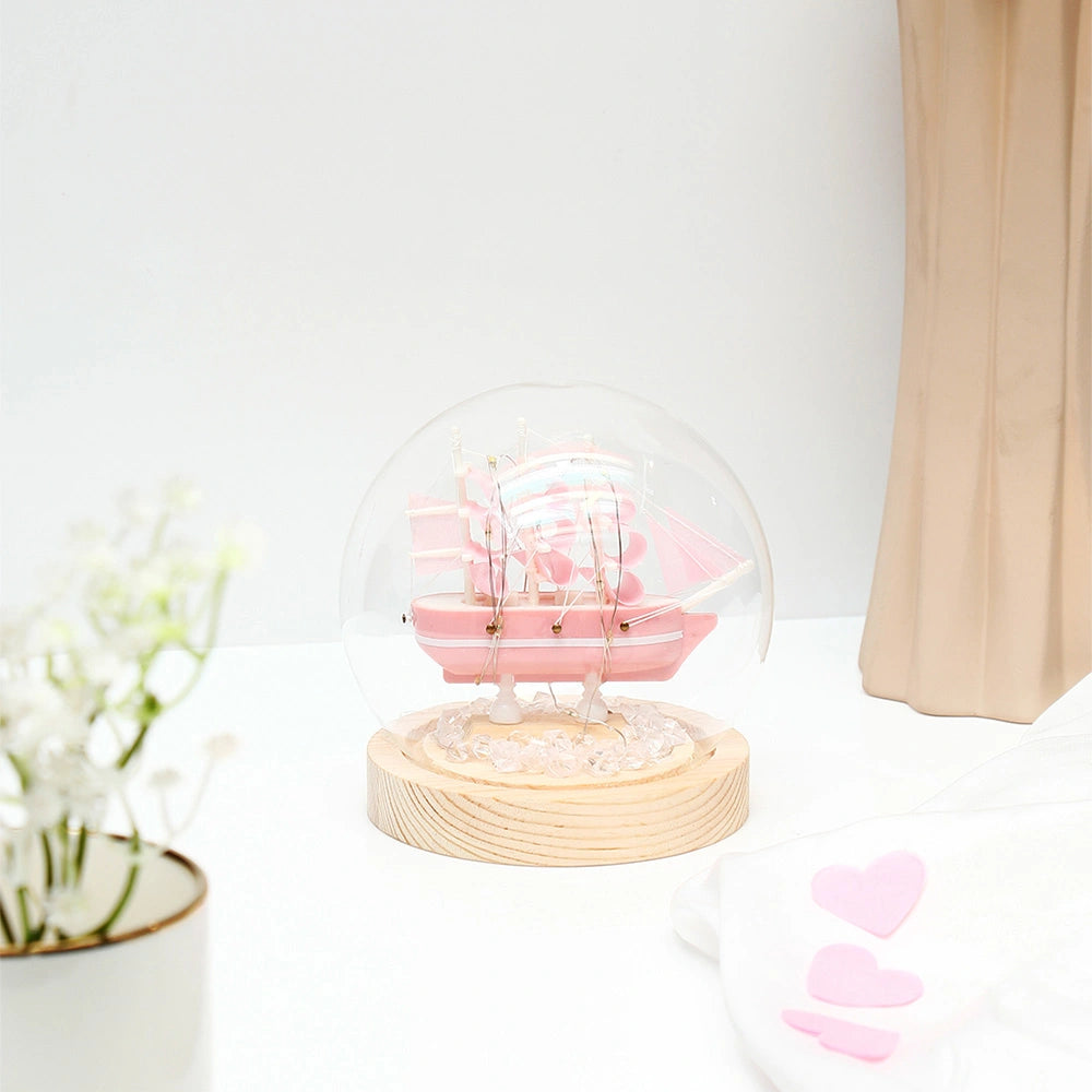 Pink Sailing Ship Glass Dome LED Night Light