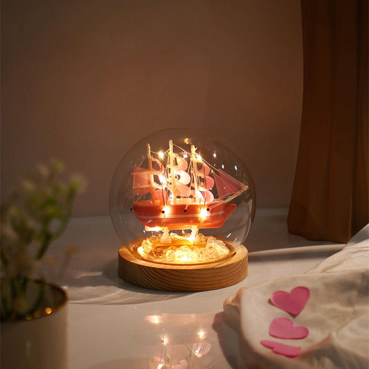 Pink Sailing Ship Glass Dome LED Night Light