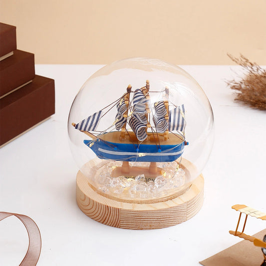 Blue Striped Sailing Ship Glass Dome LED Night Light