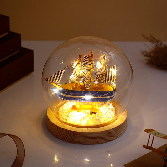 Blue Striped Sailing Ship Glass Dome LED Night Light