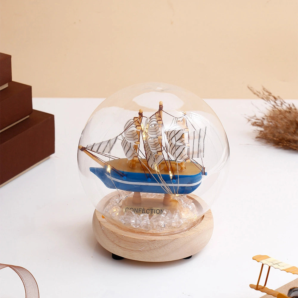 Blue Nautical Sailing Ship Glass Dome LED Night Light