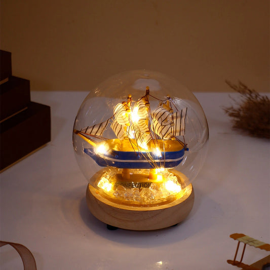 Blue Nautical Sailing Ship Glass Dome LED Night Light