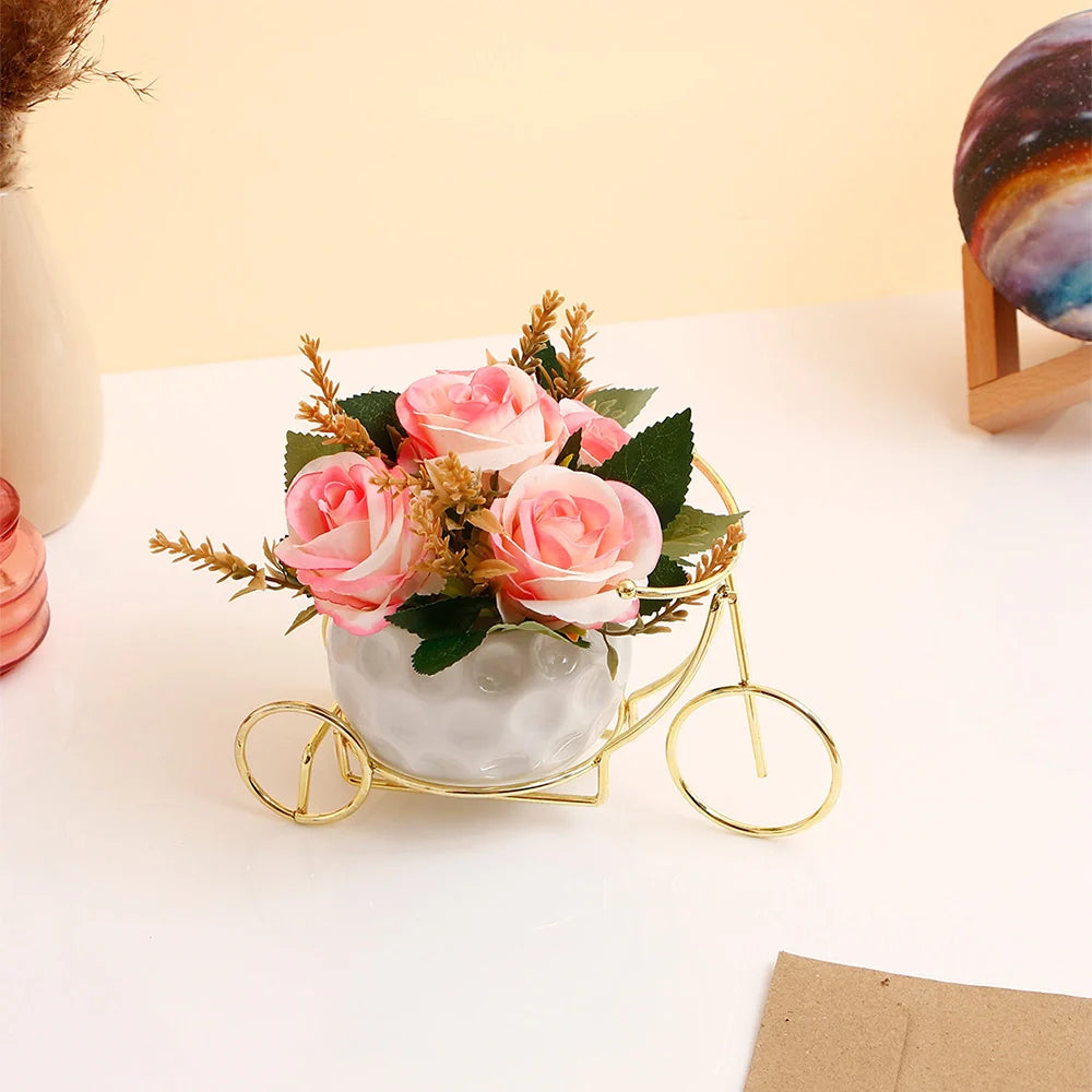 Pink Artificial Flower Pot In Golden Bicycle