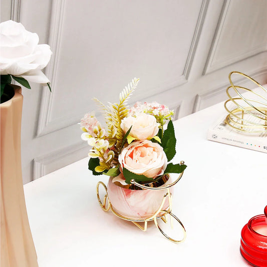 Coral Artificial Flower Pot In Golden Bicycle