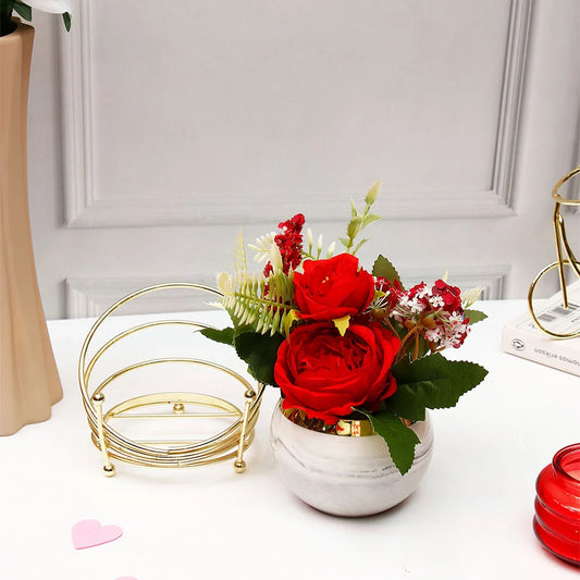 Red Artificial Flower Pot in Golden Wire Stand