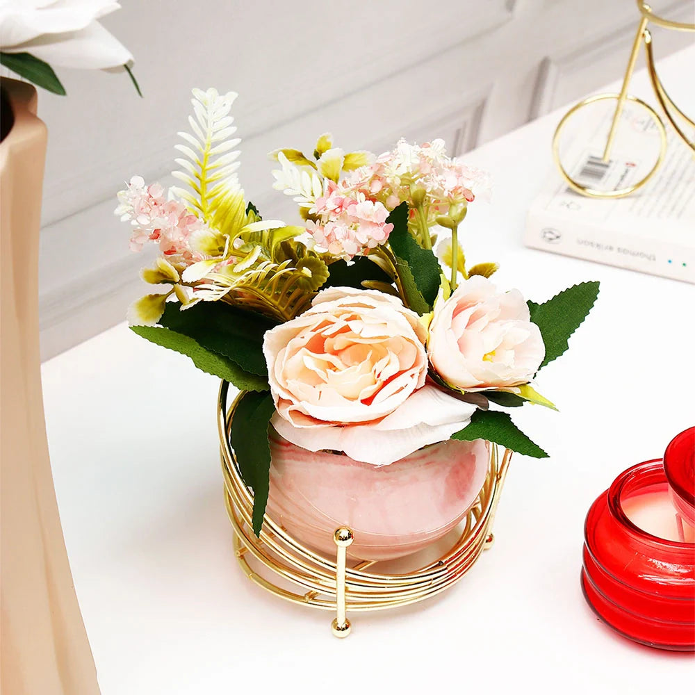 Pink Artificial Flower Pot in Golden Wire Stand