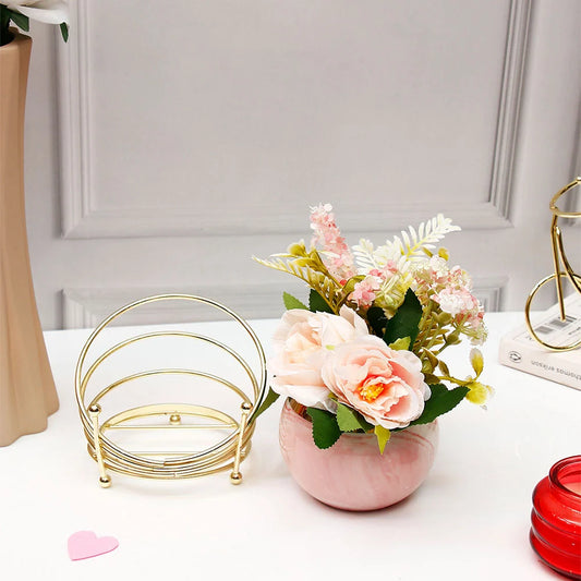 Pink Artificial Flower Pot in Golden Wire Stand