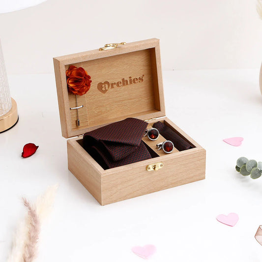 Premium Men's Tie Gift Set in Wooden Box - Brown
