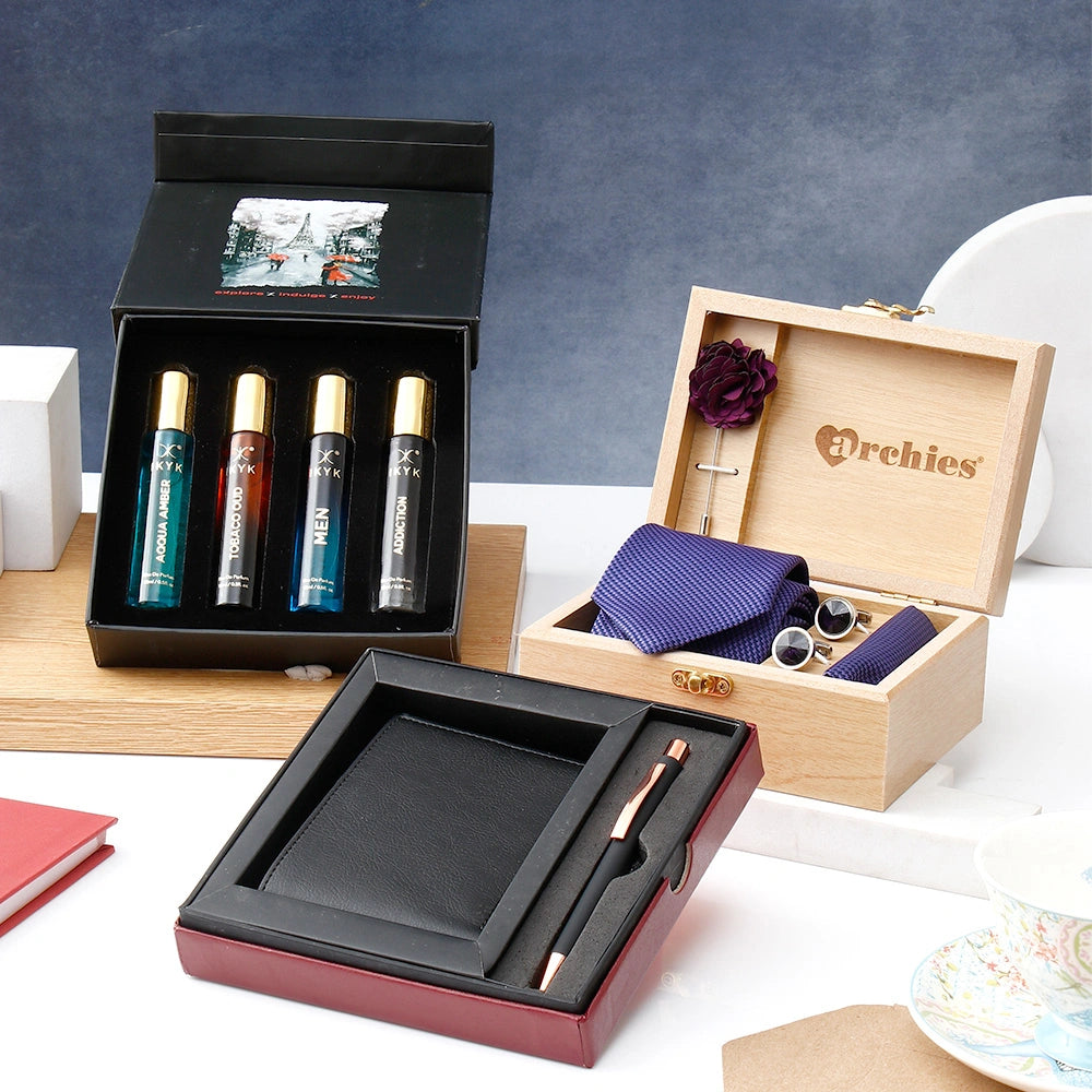 Blue Tie Set With IKYK Perfume Set And Black Wallet Set