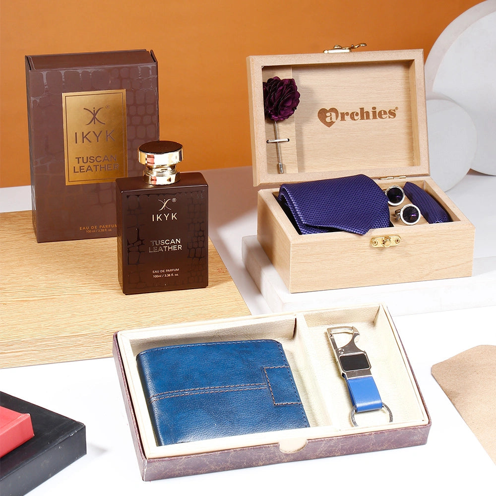 Blue Tie Set With Blue Wallet Set And IKYK Tuscan Leather
