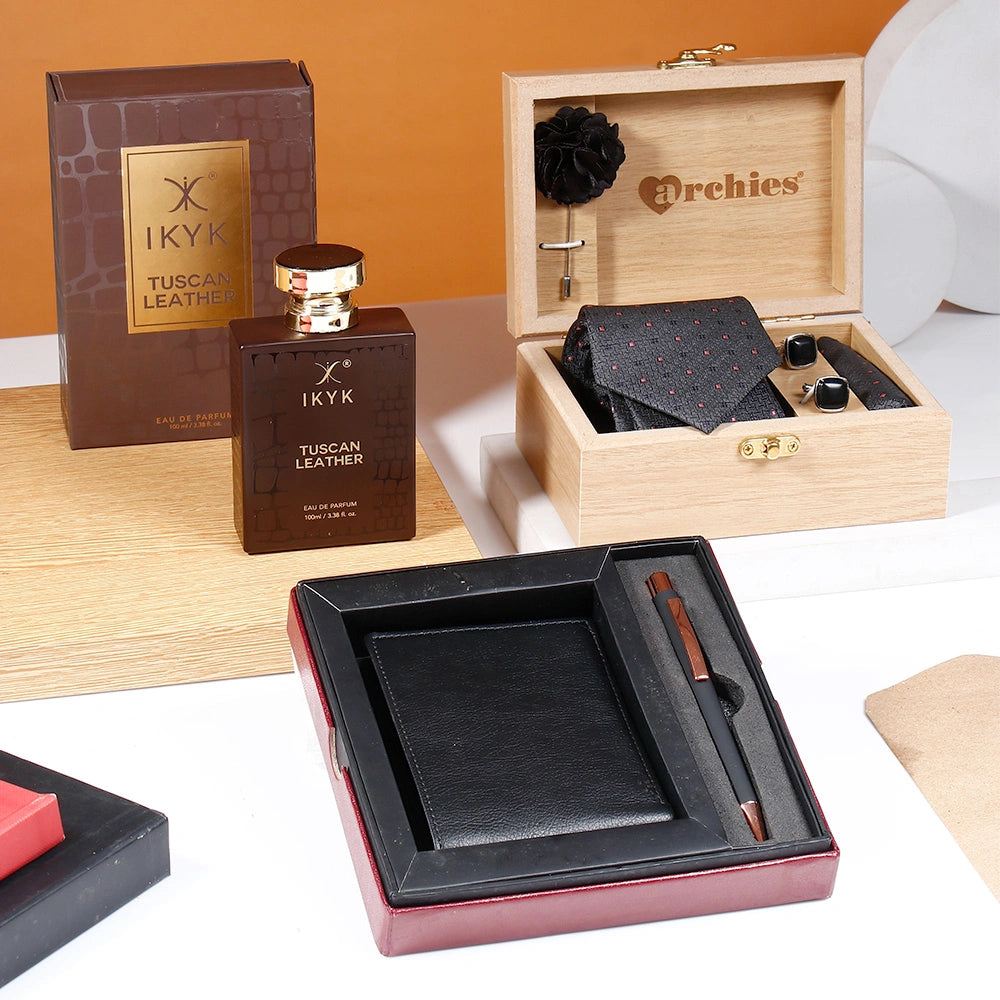 Midnight Black Tie Set With Black Wallet Set And IKYK Tuscan Leather