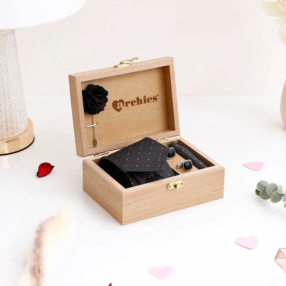 Premium Men's Tie Gift Set in Wooden Box - Black