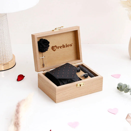 Premium Men's Tie Gift Set in Wooden Box - Black