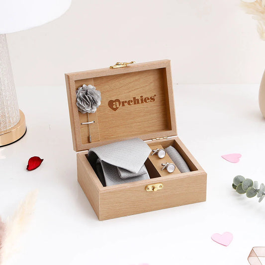Premium Men's Tie Gift Set in Wooden Box - Silver