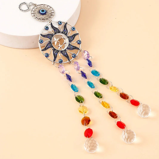 Sun Evil Eye Hanging With Rainbow Crystal Drops