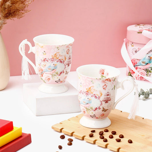 Vintage Bird Tassel Ceramic Mug Set