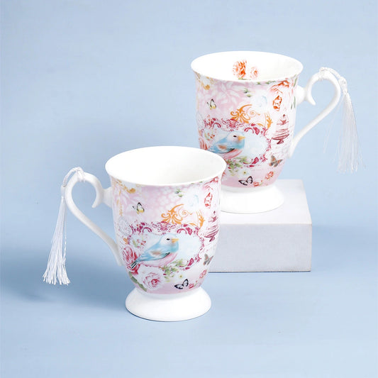 Vintage Bird Tassel Ceramic Mug Set