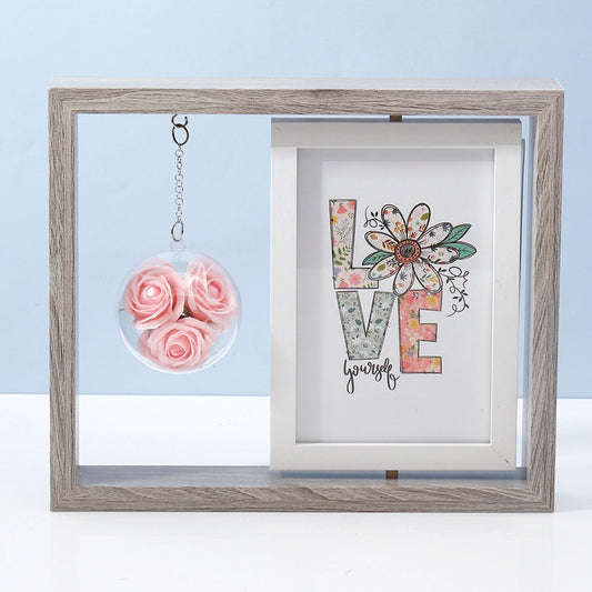 Wooden Box Frame with Hanging Pink Rose Globe