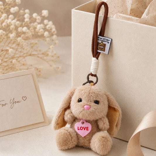 Beige Plush Bunny Keychain with Heart Charm