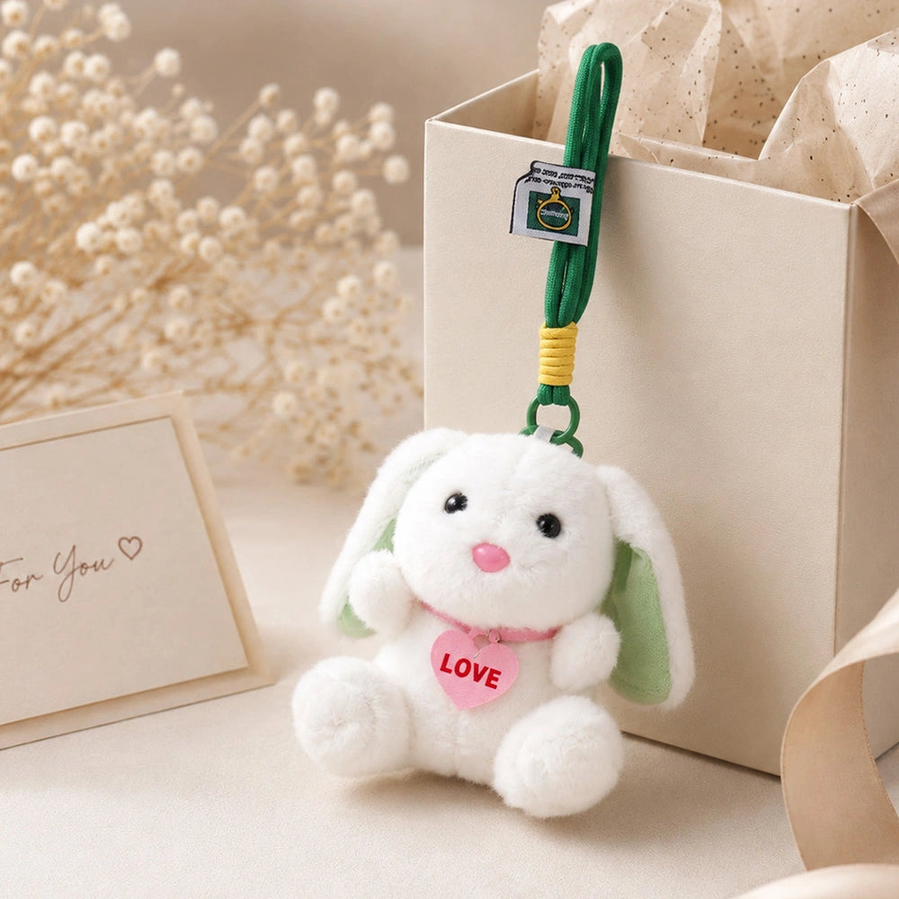 White Plush Bunny Keychain with Green Ears