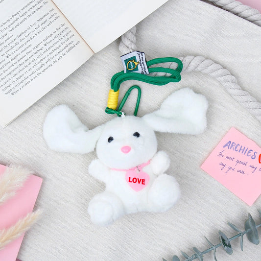 White Plush Bunny Keychain with Green Ears