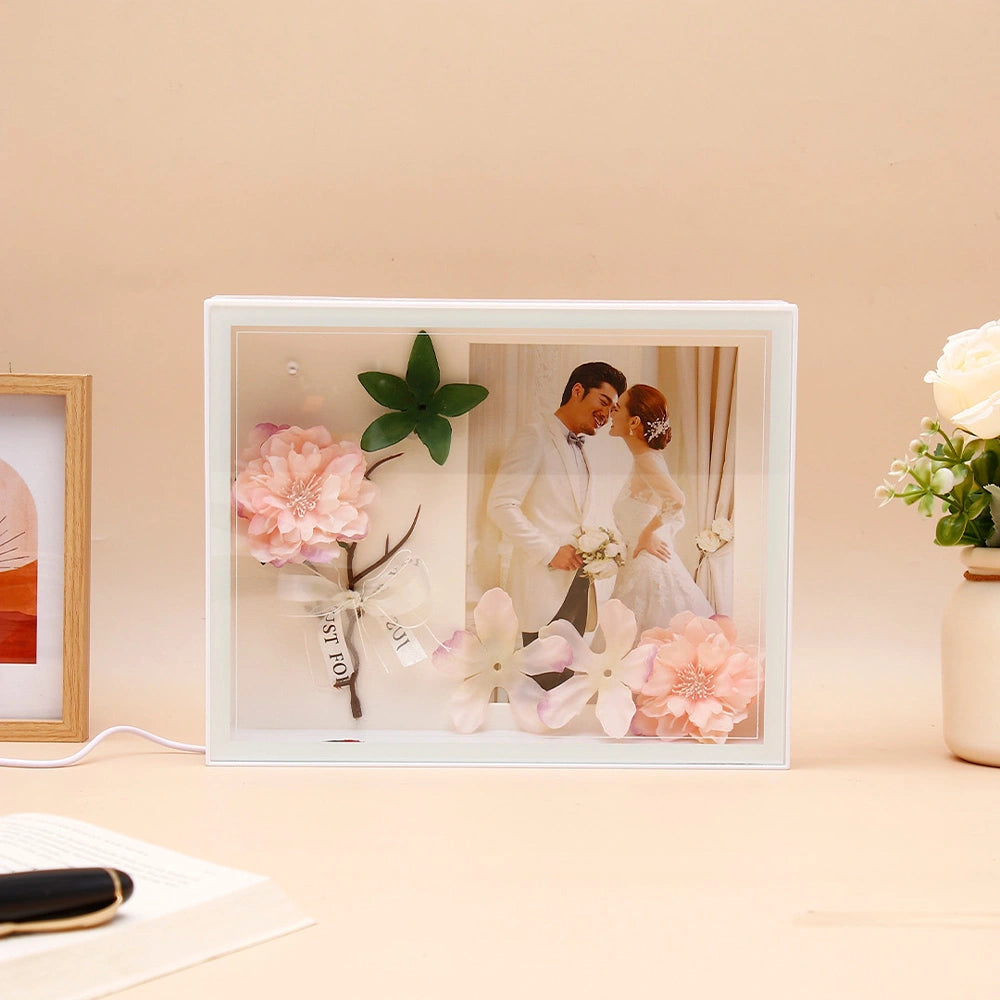White LED Photo Frame with Floral & Leaf Accent