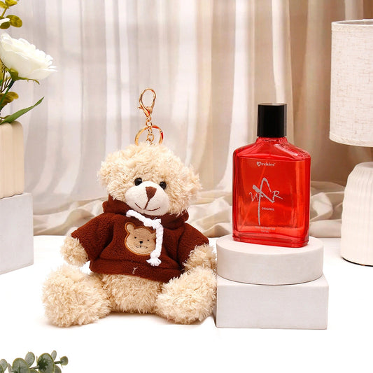 Beige Hoody Teddy Bear Keychain With Perfume