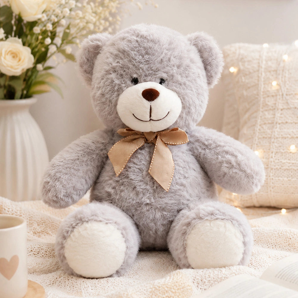 Grey Teddy Bear Soft Toy with Bow