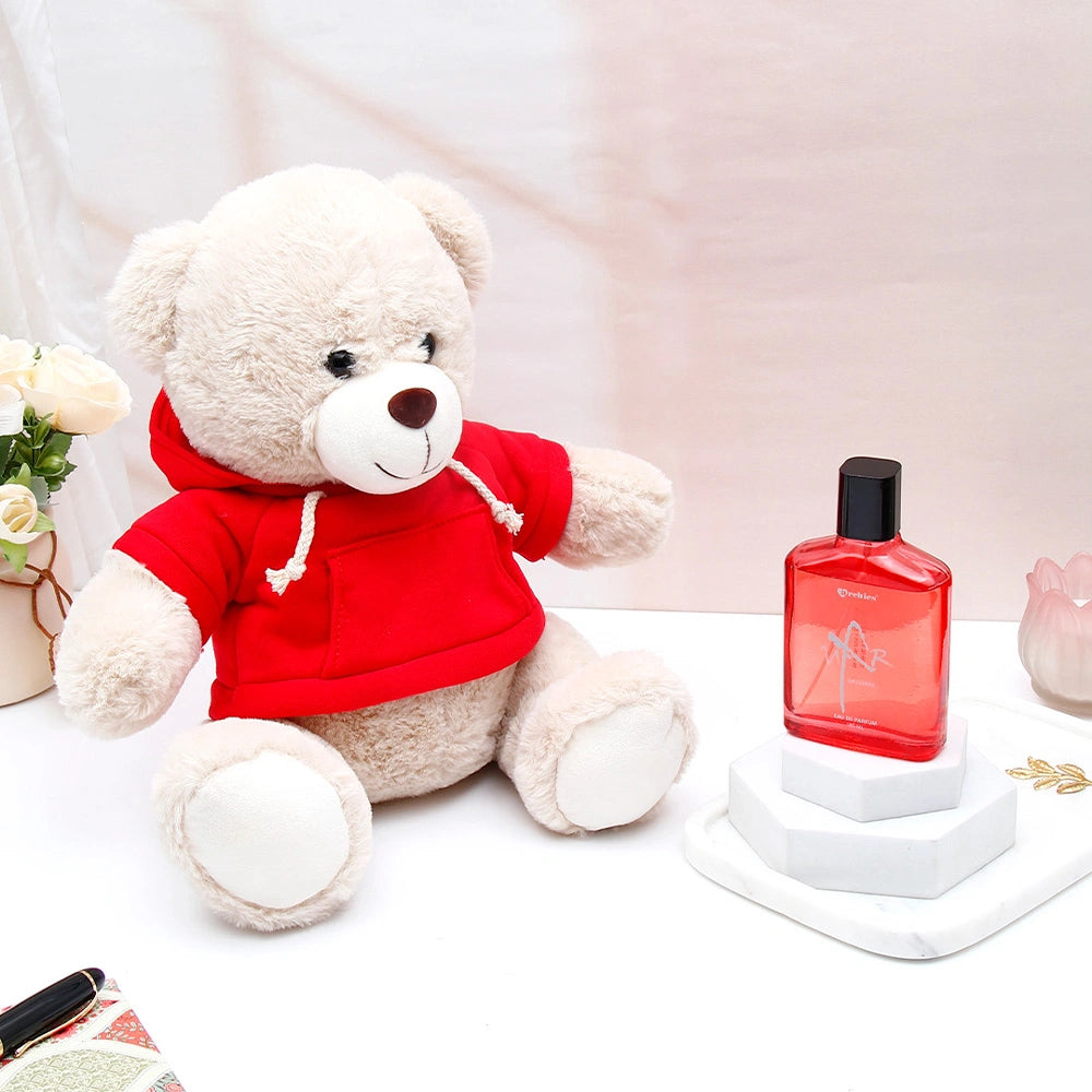 Red Hoodie Teddy & UXR Perfume Rakhi Combo
