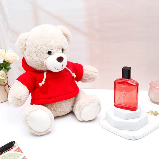 Red Hoodie Teddy & UXR Perfume Rakhi Combo