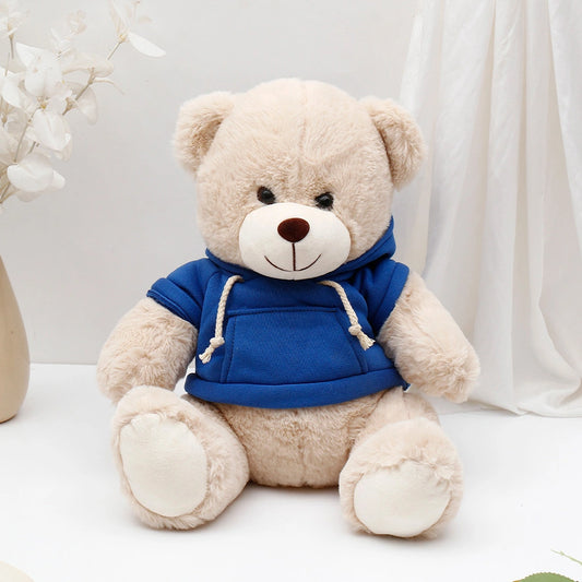 Beige Teddy Bear Soft Toy with Blue Hoodie