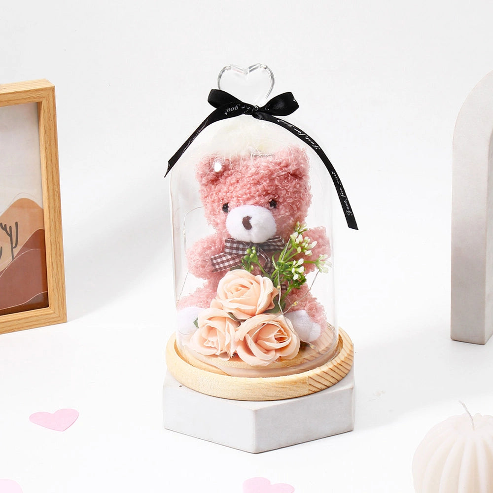 Archies Pink Teddy Bear with Peach Roses Glass Dome Showpiece