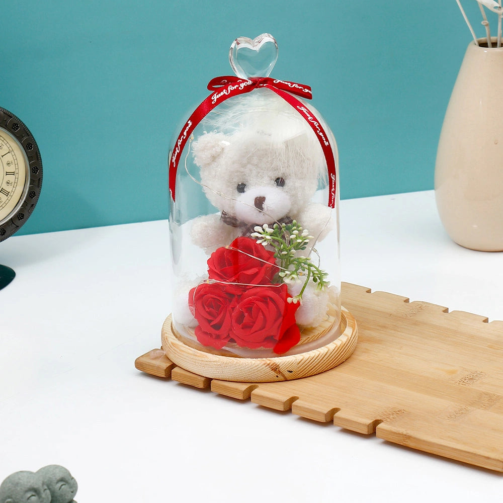 Archies White Teddy Bear with Red Roses Glass Dome Showpiece