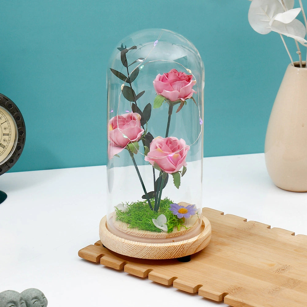 Archies Pink Rose Bouquet LED Glass Dome Showpiece