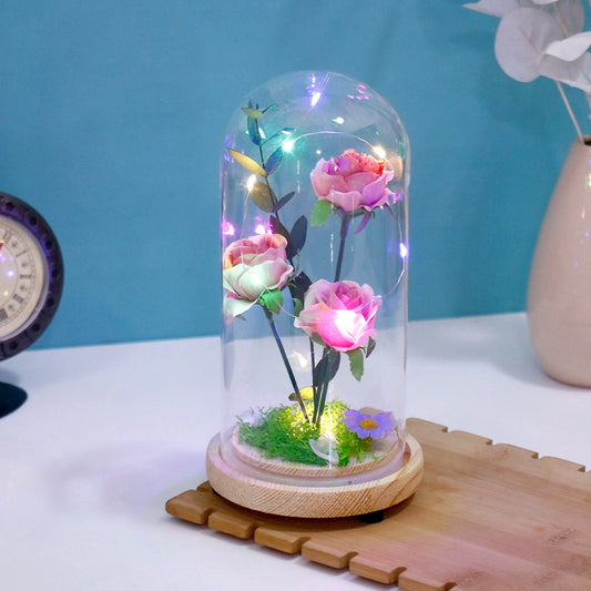 Archies Pink Rose Bouquet LED Glass Dome Showpiece