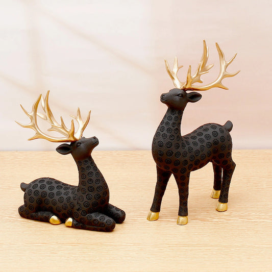Set of 2 Deer Figurine with Textured Black and Gold Antlers