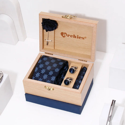 Navy-Blue-Snowflake-Motif-Tie-Set