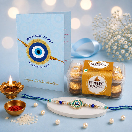 Evil Eye Personalized Card with Rakhi and Ferrero Rocher Chocolate