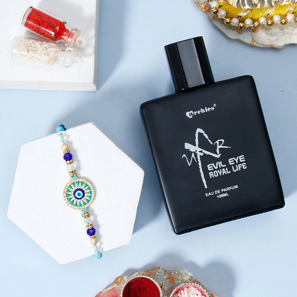 Turquoise Sunburst Evil Eye Designer Rakhi & UXR Royal Life Perfume Gift Set