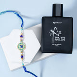 Turquoise Sunburst Evil Eye Designer Rakhi & UXR Royal Life Perfume Gift Set
