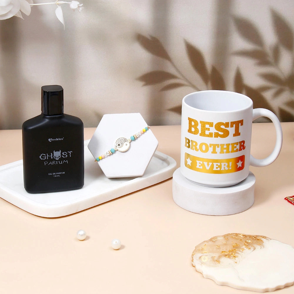 Yin Yang Charm Rakhi & Archies Ghost Perfume Mug Set