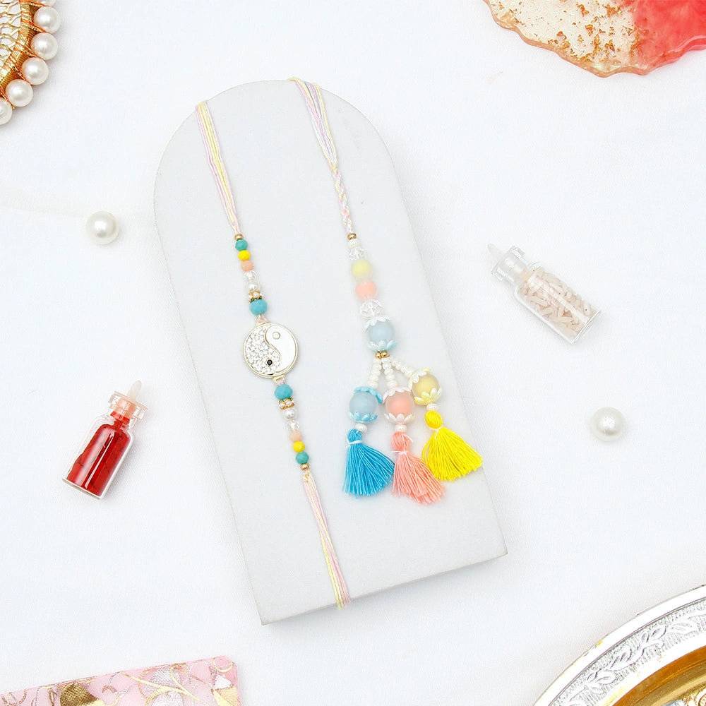 Yin Yang Harmony & Pastel Tri-Tassel Rakhi Set