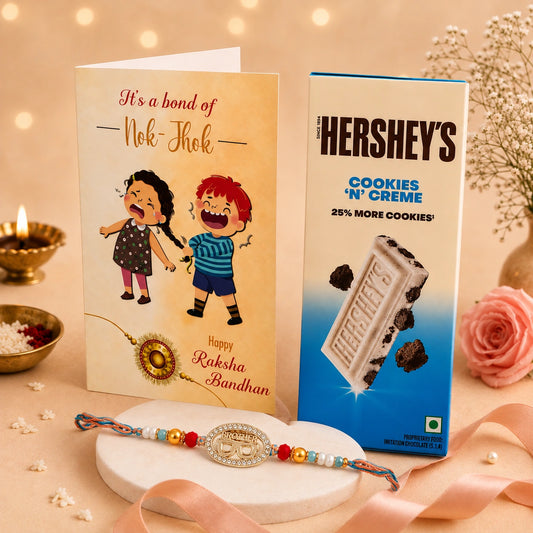 Nok-Jhok Personalized Card with Rakhi and Hershey's Chocolate