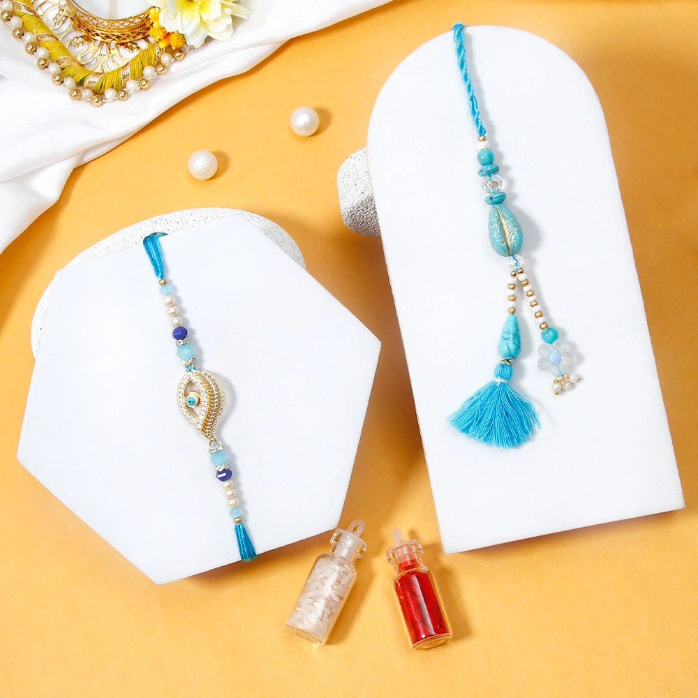 Golden Eye & Turquoise Drop Tassel Rakhi Set