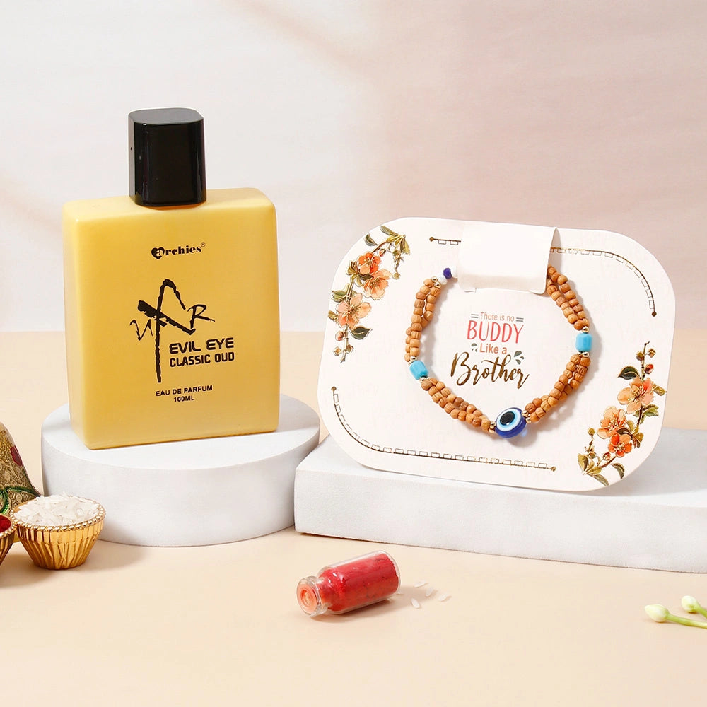 Premium Rakhi for Brother Wooden Evil Eye Beaded Rakhi & UXR Classic Oud Perfume