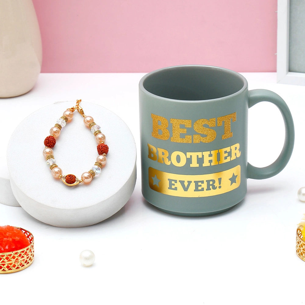 Rudraksha Rakhi for Brother with Green Mug - Pearl Rakhi Gift for Raksha Bandhan