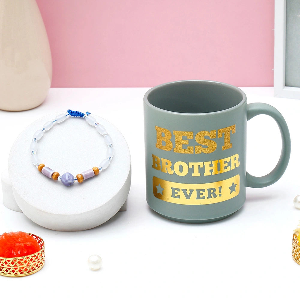 Stone Rakhi Gift Set for Brother with Best Brother Ever Mug - Lavender Bead Rakhi